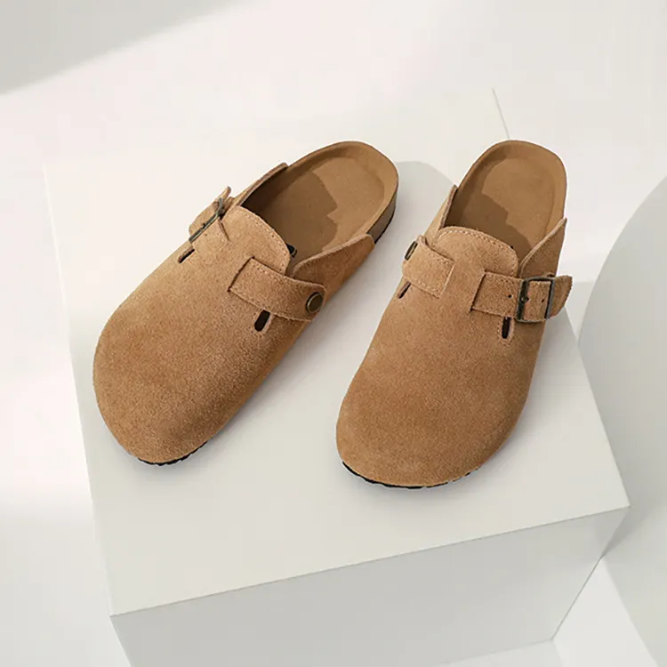 Unisex inek süet deri mantar takunya sandalet tasarım Backless katır loafer'lar Birken kadınlar için terlik