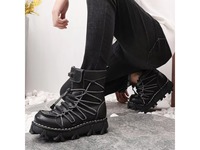 Bottes de moto unisexe en cuir véritable à plateforme et semelle épaisse, style vintage, mi-mollet, tendance mode, vente en gros pour hommes