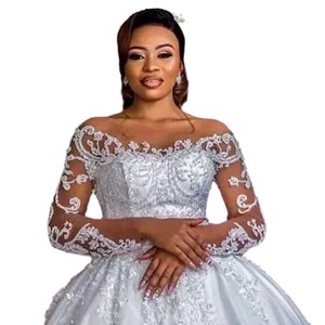 Off-Shoulder Lace Ball Gown Wedding Dress White Long Sleeves Embroidery Empire Waistline Full Train - Product Image 5