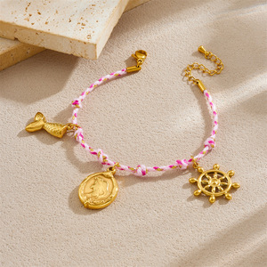 Fashion <b>Pink</b> <b>Braided</b> Rope Gold Plated Mermaid Ship Wheel Pendant Bracelet Women's Jewelry Gift - Product Image 2