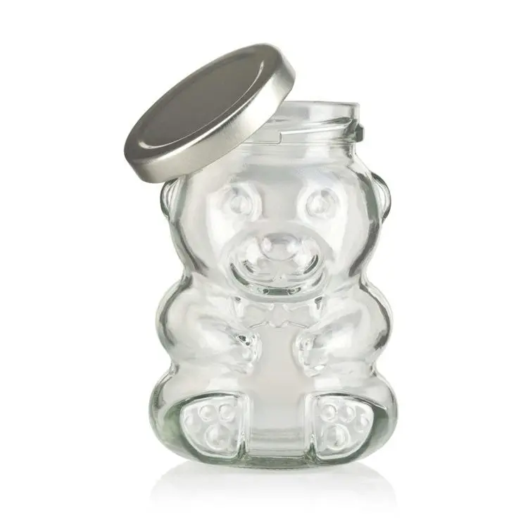 थोक टेडी भालू के आकार का कांच की बोतल शहद मधुमक्खी कैंडी चीनी चॉकलेट ग्लास जार के साथ पीछे पीछे फिरना ढक्कन लकड़ी Dipper8oz