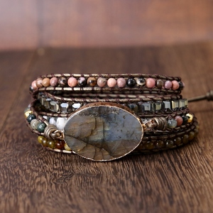 Labradorite Stone Vintage Leather Bracelet <strong>Mix</strong> Stones Beads Women 5 Layers Wrap Bracelet Boho Handmade Bracelet Jewelry Gift - Product Image 5