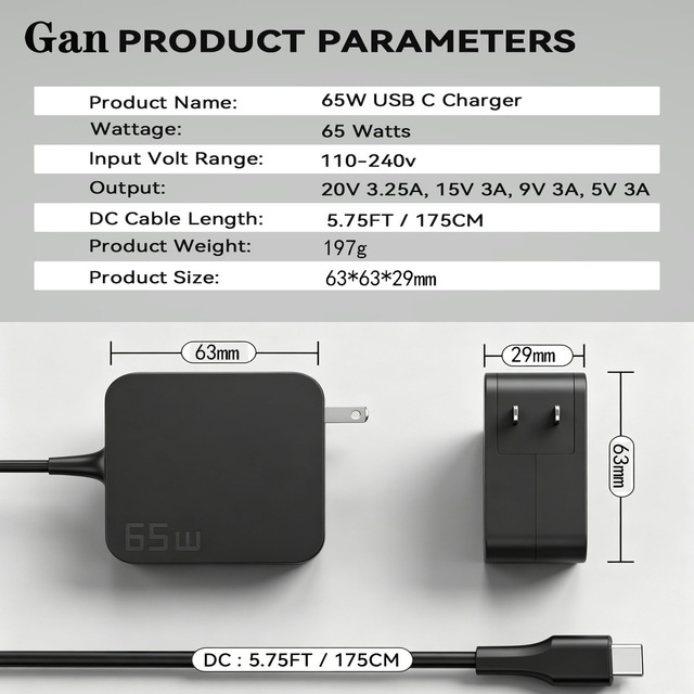 GaN 65W Charger Compatible with Laptops; Supports PD 30 Fast Charging Via USB-C Made in [Place of Origin]
