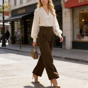 Completo <span class=keywords><strong>Donna</strong></span> Due Pezzi in Cotone e <span class=keywords><strong>Lino</strong></span>, <span class=keywords><strong>Vita</strong></span> <span class=keywords><strong>Alta</strong></span>, Moda Casual, Maniche Lunghe, <span class=keywords><strong>Pantaloni</strong></span> Larghi, Autunno Inverno, Kaki, Nuovo Stile Elegante - Product Image 1