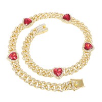 Promotion Chaîne cubaine 12 mm avec trois pierres en forme de cœur rouge, collier en alliage de zinc, style bling-bling, hip-hop, pour rappeur, bijoux de mode