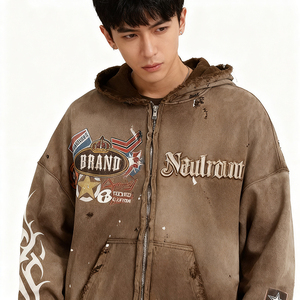 Nặng Zip Hoodie Biểu Tượng Tùy Chỉnh Cộng Với Kích Thước Pháp Terry Boxy Phù Hợp Với Quá Khổ Thời Trang Đường Phố Cổ Điển Đá Rửa Đau Khổ Denim Odm - Product Image 3