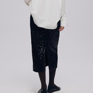 秋のODMブラックファッションスパンコールバックスリットスカートハイウエストストレートヒップマキシスカートスパンコールベルベットスカート - Product Image 4