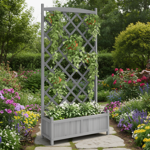 Jardinière en bois de sapin gris massif avec treillis pour plantes d'extérieur - Product Image 2