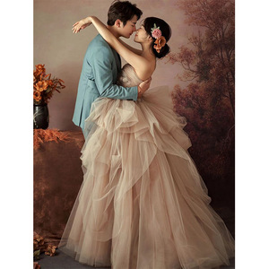 Strapless Tulle Ball Gown Wedding Dress Empire Waistline Vintage Korean Style Floral Photoshoot Forest Theme Couple Outfits - Product Image 4