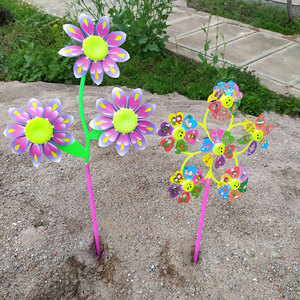 Jouet moulin à vent en plastique avec visages souriants de dessins animés, 6 roues, 3 roues, décoration de jardin extérieur pour enfants de 2 à 4 ans - Product Image 1