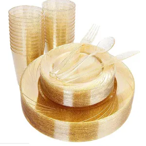 Disposable flatware silverware glitter gold plastic spoons forks plates and knives cutlery set for wedding party events