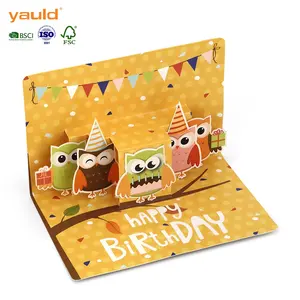 可爱的猫头鹰弹出式卡片定制印刷个性化3D鸟类动物为孩子们生日快乐贺卡