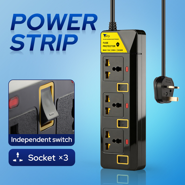 UK 13A Multi Socket Power Strip with Independent Switches, Black, Optional USB Type-C Ports