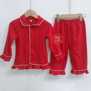 Piyama Anak Katun Merah Lengan Panjang Kancing Depan Model Keluarga Seragam Ruffle Set Piyama Anak Perempuan - Product Image 6