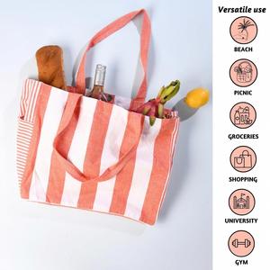 Venta caliente Respetuoso del medio ambiente Impresión personalizada Patrón de rayas lindo Calico Lona de algodón Playa Bolsa de compras - Product Image 2