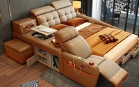 Meubles de chambre à coucher modernes blancs, lit king size en cuir, cadre en chêne, haut-parleur, chargeur USB, canapé-lit massant, garantie de 5 ans