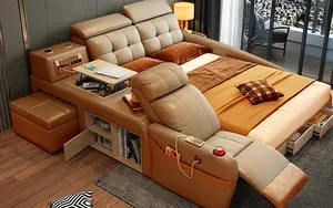 Mueble de dormitorio blanco moderno, cama de cuero con altavoz, Cargador USB, masaje, sofá cama