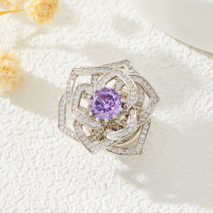 MUYU Flower Brooch Purple Crystal Openwork Rose Magnetic Clasp Women's Fashion Jewelry - Product Image 3