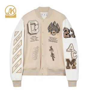 Custom Logo Patches Bomber Jacket Letternan Vintage Casual Hip Hop Bomber Leather Sleeve Varsity Jacket