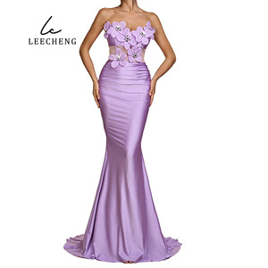 Abito aderente in tessuto <span class=keywords><strong>a</strong></span> <span class=keywords><strong>rete</strong></span> con motivo floreale tridimensionale viola senza spalline personalizzato con Silhouette <span class=keywords><strong>a</strong></span> coda di pesce - Product Image 2