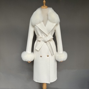 เสื้อโค้ทแคชเมียร์แฟชั่นฤดูหนาวสำหรับผู้หญิง แต่งปกขนสุนัขจิ้งจอกแท้ เสื้อโค้ทขนสัตว์ผสมขนแคชเมียร์ พร้อมเข็มขัดสำหรับผู้หญิง - Product Image 4