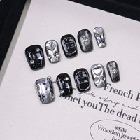 Faux ongles à presser faits main, courts, carrés, style gothique, avec motifs épines, cœurs, strass, crânes, croix, étoiles, paillettes argentées, ongles en gel, vente en gros