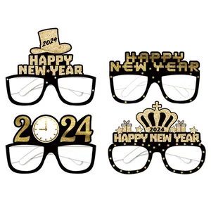 2024 Ouro Preto ano novo papel 3D óculos feliz ano novo foto adereços material do partido das crianças