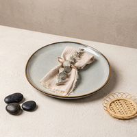 Service de vaisselle en céramique gris à glaçure réactive avec bordure marron, assiettes rétro et bols à dessert pour la maison, les cafés et les restaurants (vente en gros)