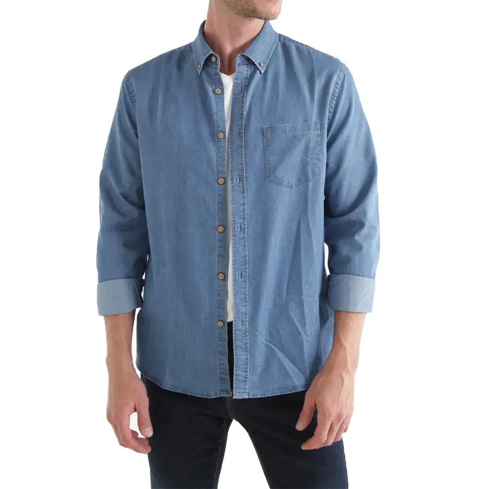 Ölçmek için yapılan erkek Denim gömlek pamuk Polyester uzun kollu moda mavi katı Camisa de hombre