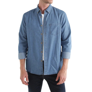 Camicia in Denim da <span class=keywords><strong>uomo</strong></span> in cotone poliestere a manica lunga moda blu tinta unita Camisa De Hombre - Product Image 1