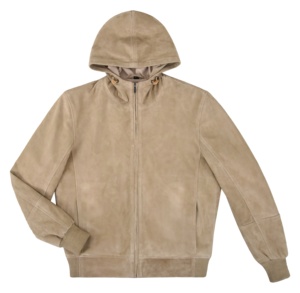 Custom 100% Genuine Beige Goat <b>Suede</b> Leather <b>Men</b>’s Hooded <b>Jacket</b> Hooded Style YKK Zipper Private Label OEM/ODM Winter Casual - Product Image 1