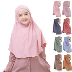 Wholesale Malaysia 5 To 12 Year Old Solid Color Stretchy Little Girl Ready to Wear Hijab Kid Turban Hat Tudung Instant Kid Hijab