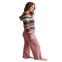 Ensemble deux pièces en tricot rayé à capuche et col montant zippé, pull décontracté 100 % coton coupe décontractée longueur genou pour femme hiver