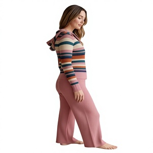Conjunto de Dos Piezas de Punto con Cremallera y Capucha a Rayas, Suéter Casual de Cuello Alto, 100% Algodón, Corte Holgado, Largo hasta la Rodilla para Mujer, Invierno - Product Image 5