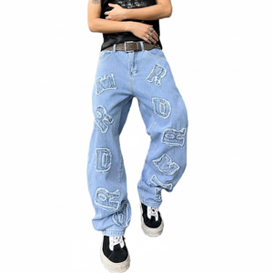 2025 Distro Baggy Jeans para hombres y mujeres Parcheado Carta Insignia Pantalones de mezclilla de pierna ancha Y2K Estilo Hip Hop Oscuro Flaco Casual Suelto - Product Image 1