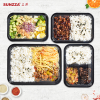 Sunzza Boîte Repas Jetable en Plastique PP Transparent, Noire, Compatible Micro-Ondes, Emballage Alimentaire à Emporter, Contenants Type Bento avec Couvercles