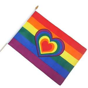 Bandera del orgullo Gay, 100% poliéster, alta calidad, 14x21, manivela con poste de plástico, arcoíris