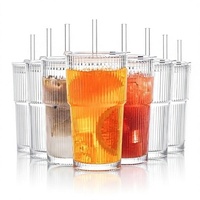 Gobelet en verre sodocalcique 20OZ, design moderne, modèle Trois Éléphants, facile à transporter, anti-fuite, rayures verticales, couvercle en PP pour lait, café, eau