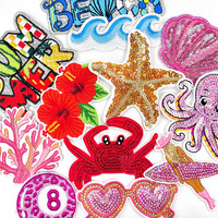 Patch brodé plat personnalisé Série Océan d'été, Patch lettres SUMMER, Patchs brodés coquillage, lunettes de soleil et paillettes
