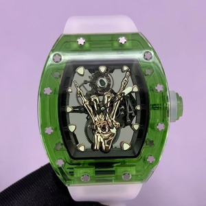Reloj Mecánico de Lujo con Esfera Transparente Verde, Esqueleto Dorado y Correa de Goma Blanca - Product Image 1