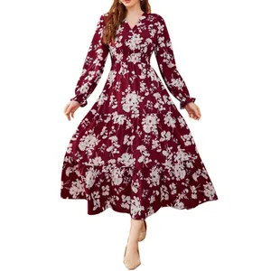 Party Wear V-neck Tiered Dress Elastic Waisted Custom Blossom Printing Long Sleeve Women's Dresses For Special Occasions
