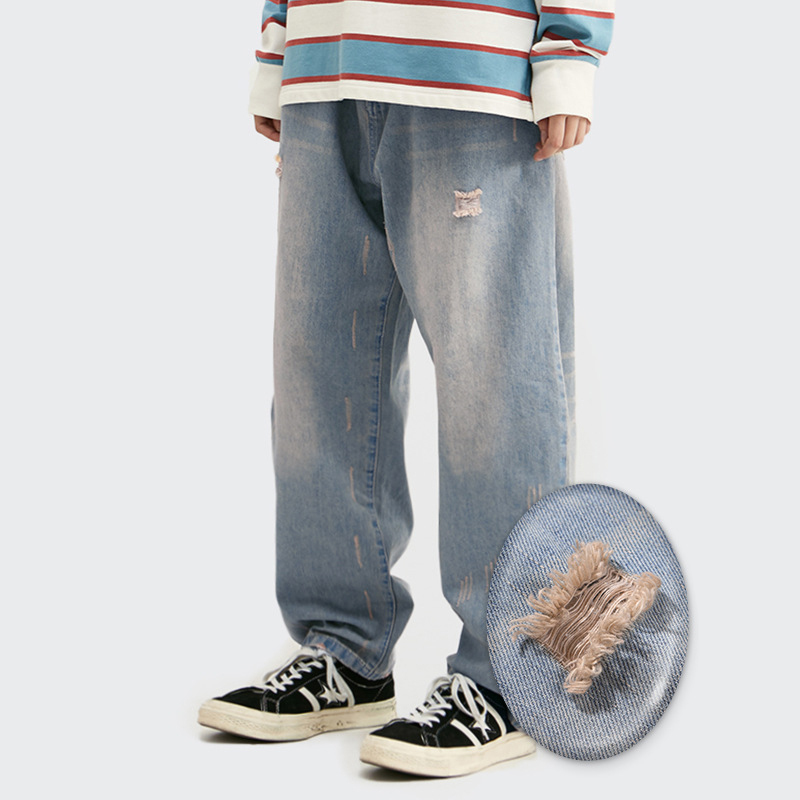 YLS Wholesale Trendy Custom Washed Jeans Plus Size Loose Straight-Leg Trousers Ripped Denim Pants Men's Jeans