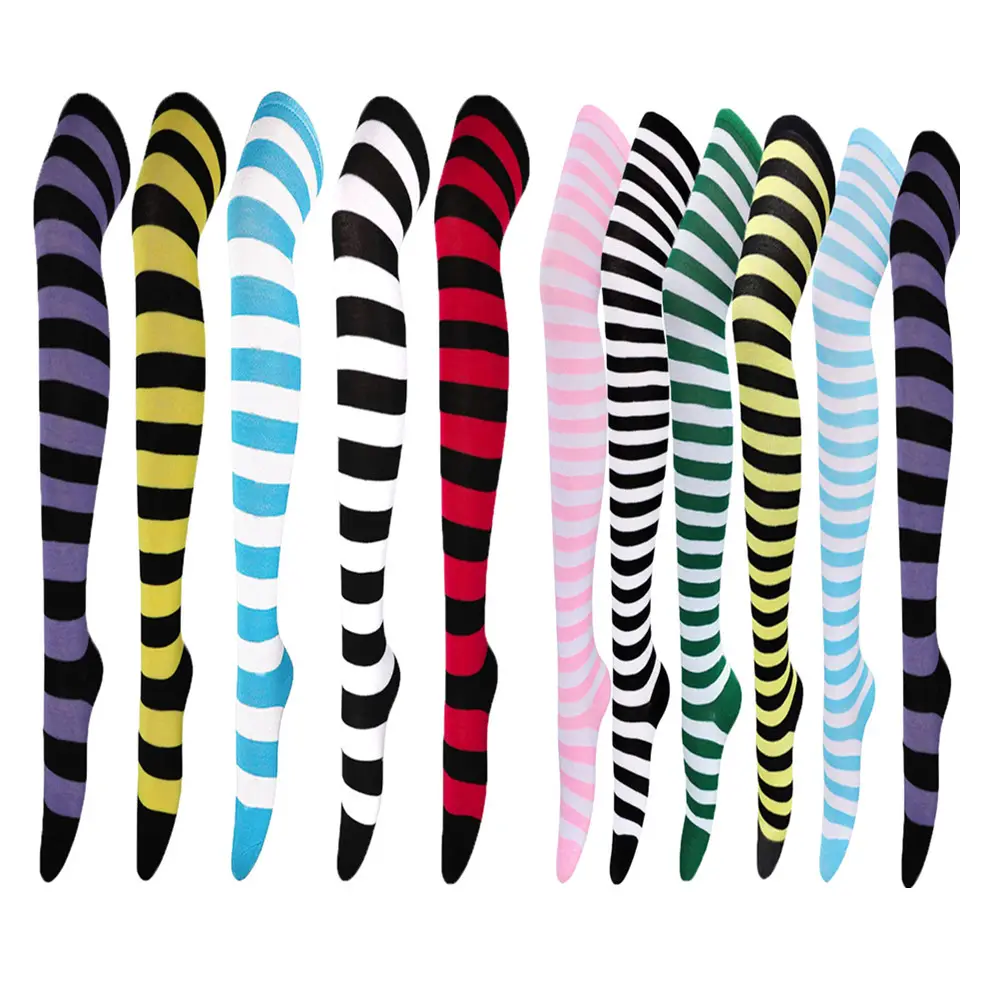 Hochwertige billige Cosplay lange Mädchen Frauen Streifen Oberschenkel über Socken Polyester Baumwolle Regenbogen sexy gestreifte Knies trümpfe