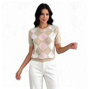 Comodo Top in Maglia con Motivo Argyle e Bottoni, <span class=keywords><strong>Cardigan</strong></span> da <span class=keywords><strong>Donna</strong></span> <span class=keywords><strong>Beige</strong></span> Rosa a Maniche Corte con Collo Rotondo, Abbigliamento in Maglia - Product Image 4