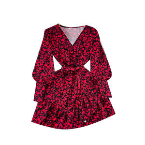 Vestido Midi Informal Tipo Túnica con Cuello en V Estilo <span class=keywords><strong>Americano</strong></span> para Mujer, Manga Farol, Estampado <span class=keywords><strong>Imperio</strong></span>, con Volantes y Encaje, Rojo, Negro, Blanco - Product Image 5