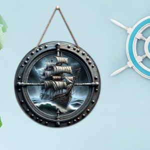 Mediterranean-style wall decorations, European-style restaurant wall ornaments, wooden <b>ship's</b> <b>wheel</b> plaques, helmsman sail - Product Image 1