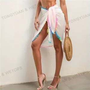 Bikini Cover Up Pompom Kwastje Dames Rok Vrouwen Sexy Pure Mesh Badpak Wikkel Rok Zomer Strand Sarongs