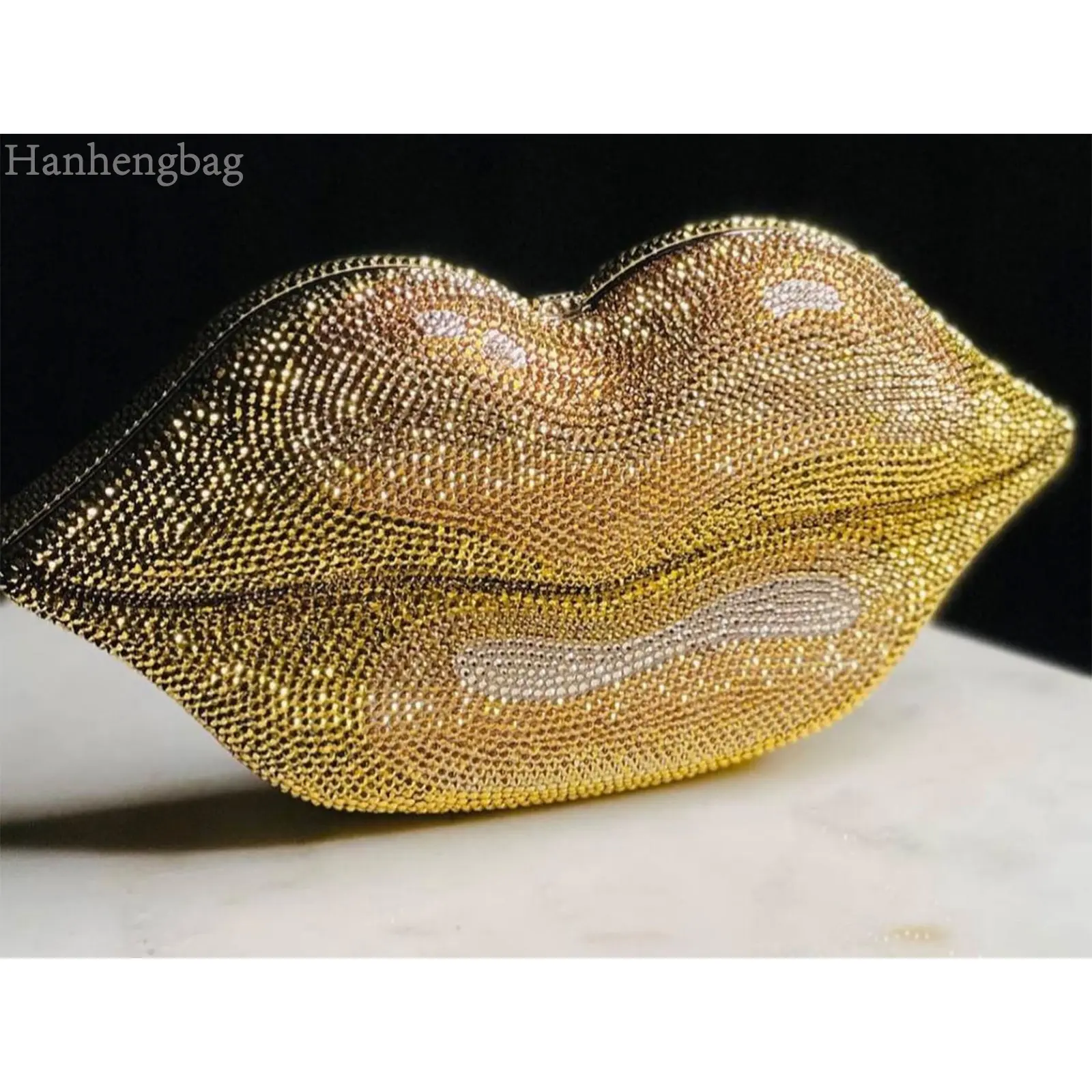 High Quality Most Popular Evening Bags Beaded Rhinestone Gold Red Lips Clutch Bags