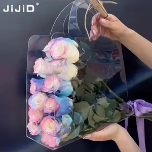 JiJiD sacs d'emballage pliants rectangulaires de luxe personnalisés sac de transport manuel de fleurs en plastique transparent sac fourre-tout en PVC pour bouquet cadeau