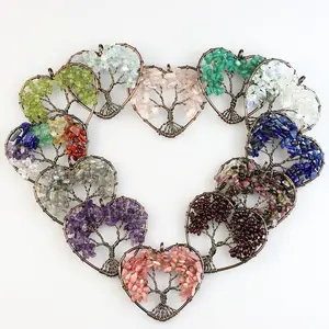 48MM 7 Chakra Chips Natural Stone Bronze Wire Wrapped Heart Shape Tree Of Life Pendants